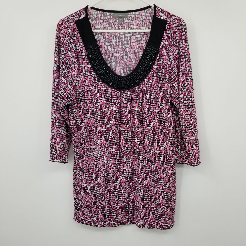 Essentials Pink‎ Ribbed Women's Sequin Neck Blouse Size 1X